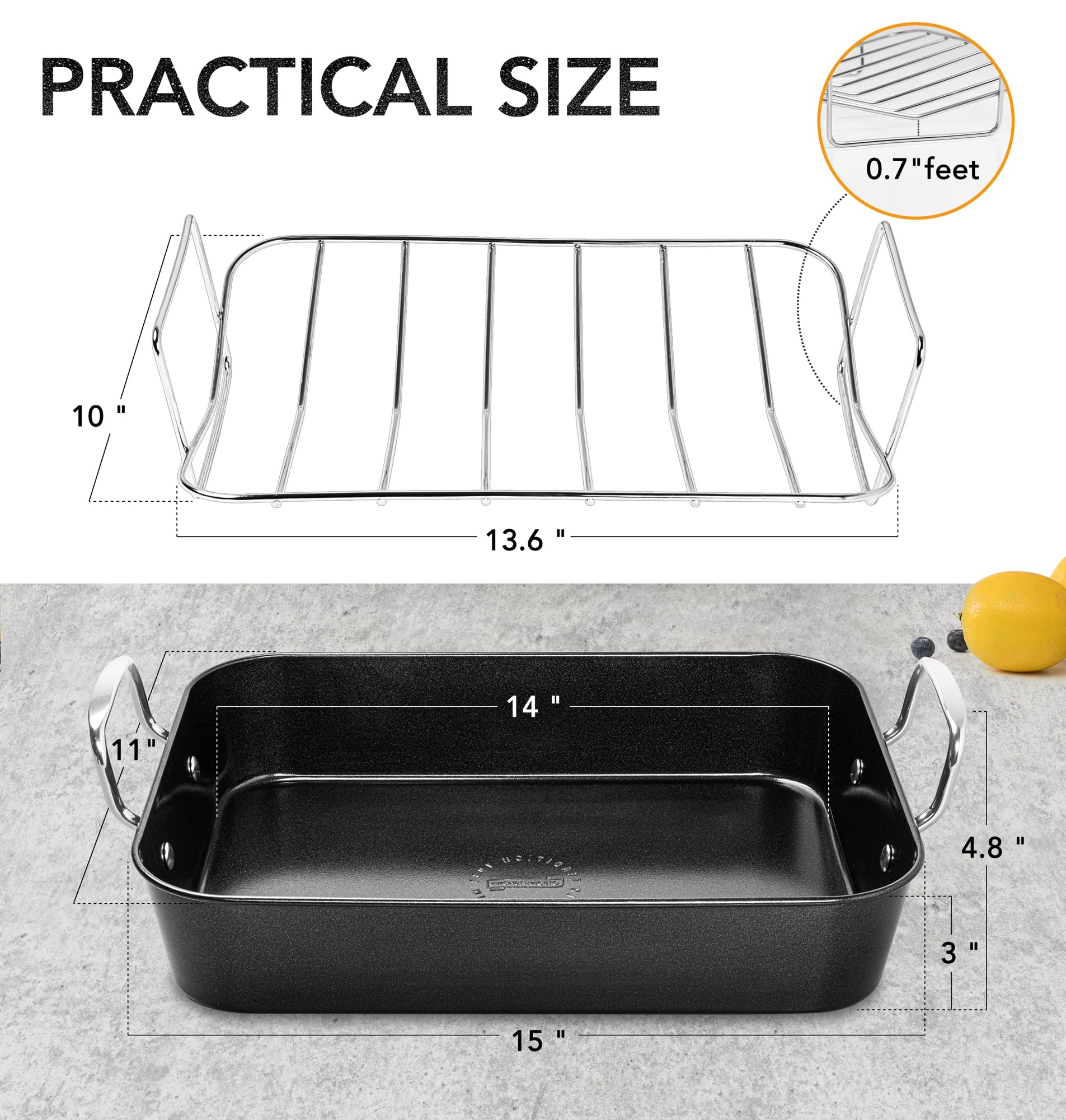 MICHELANGELO Roasting Pan with Rack, Carbon Steel Turkey Roasting Pan for Oven and Induction, Nonstick Turkey Roaster Pan with Stainless Steel Rack, 15 Inch x 11 Inch