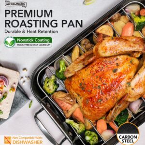 MICHELANGELO Roasting Pan with Rack, Carbon Steel Turkey Roasting Pan for Oven and Induction, Nonstick Turkey Roaster Pan with Stainless Steel Rack, 15 Inch x 11 Inch