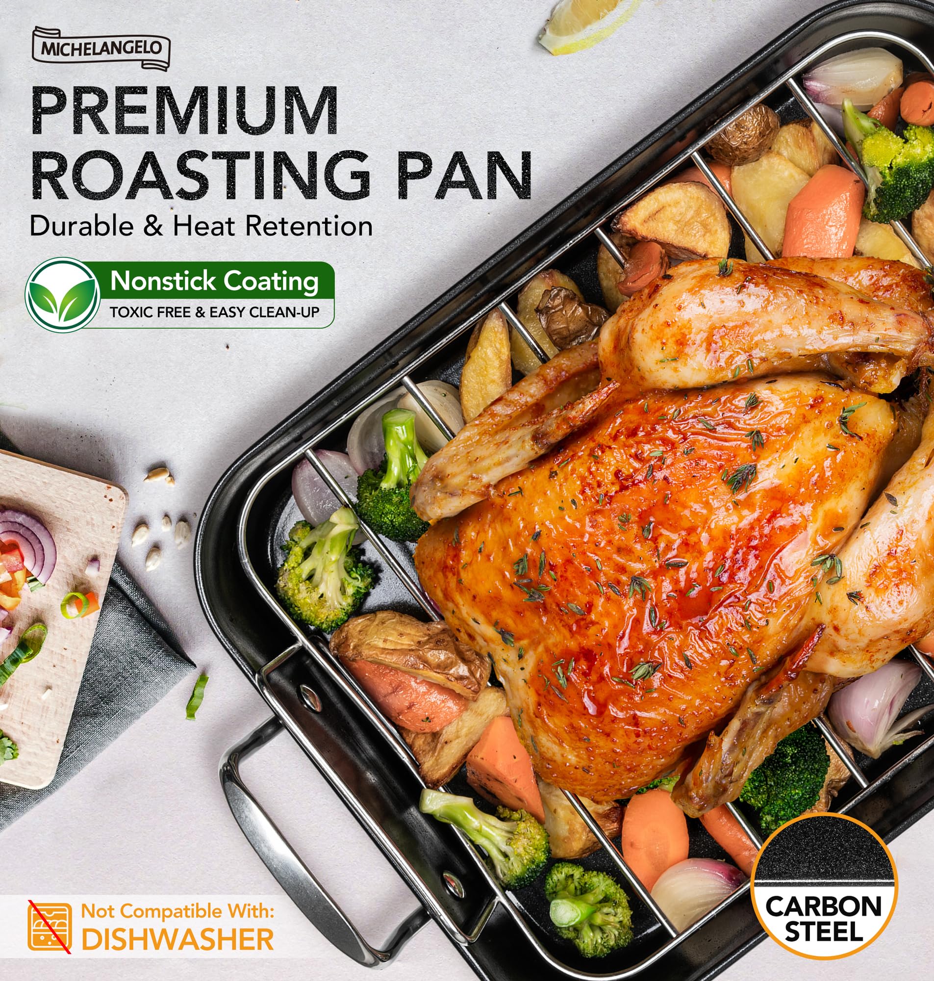 MICHELANGELO Roasting Pan with Rack, Carbon Steel Turkey Roasting Pan for Oven and Induction, Nonstick Turkey Roaster Pan with Stainless Steel Rack, 15 Inch x 11 Inch