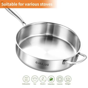 DELARLO Whole Body Tri-Ply Stainless Steel Sauté Pan with lid, 6 Quarts Saute Pan, 12 Inch Deep Frying Pan, Large Skillet Cooking Pan Induction Compatible Chef Pan, Dishwasher & Oven Safe