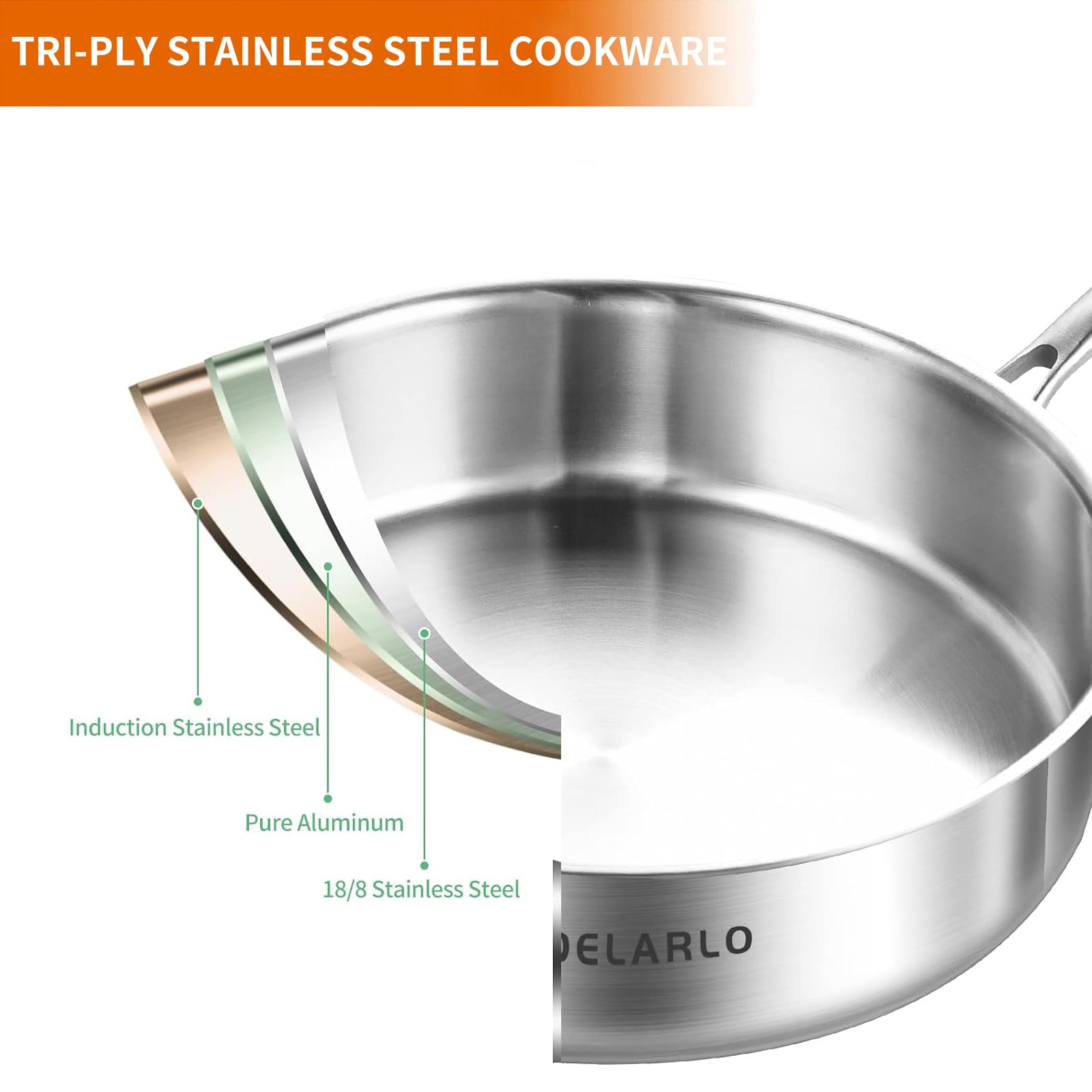 DELARLO Whole Body Tri-Ply Stainless Steel Sauté Pan with lid, 6 Quarts Saute Pan, 12 Inch Deep Frying Pan, Large Skillet Cooking Pan Induction Compatible Chef Pan, Dishwasher & Oven Safe