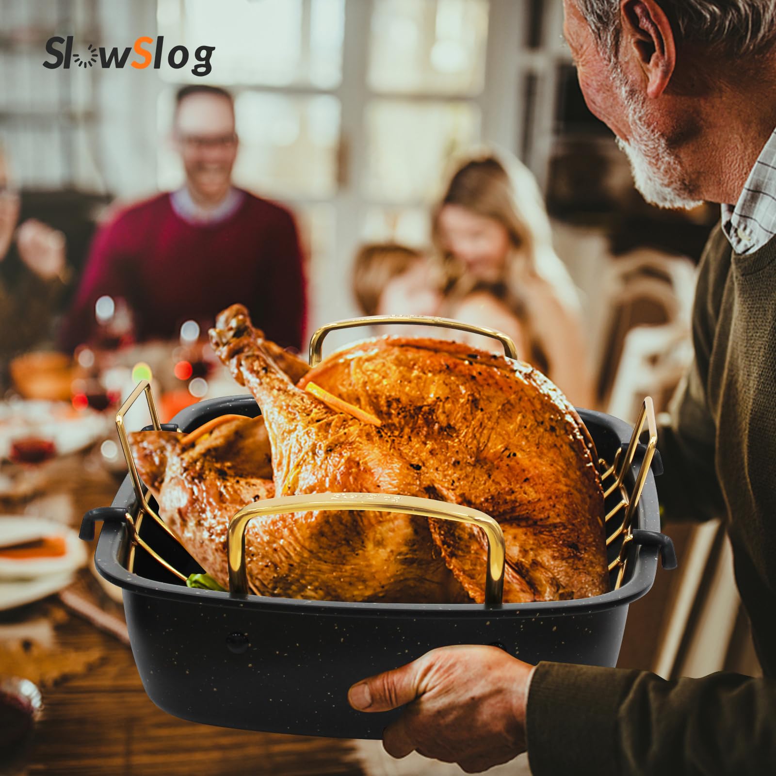 Slow Slog Roasting Pan, 17 Inch x 13 Inch Roaster with Removable Rack, Nonstick Roaster Pan for Roasting Turkey, Meat & Vegetables (Gold)