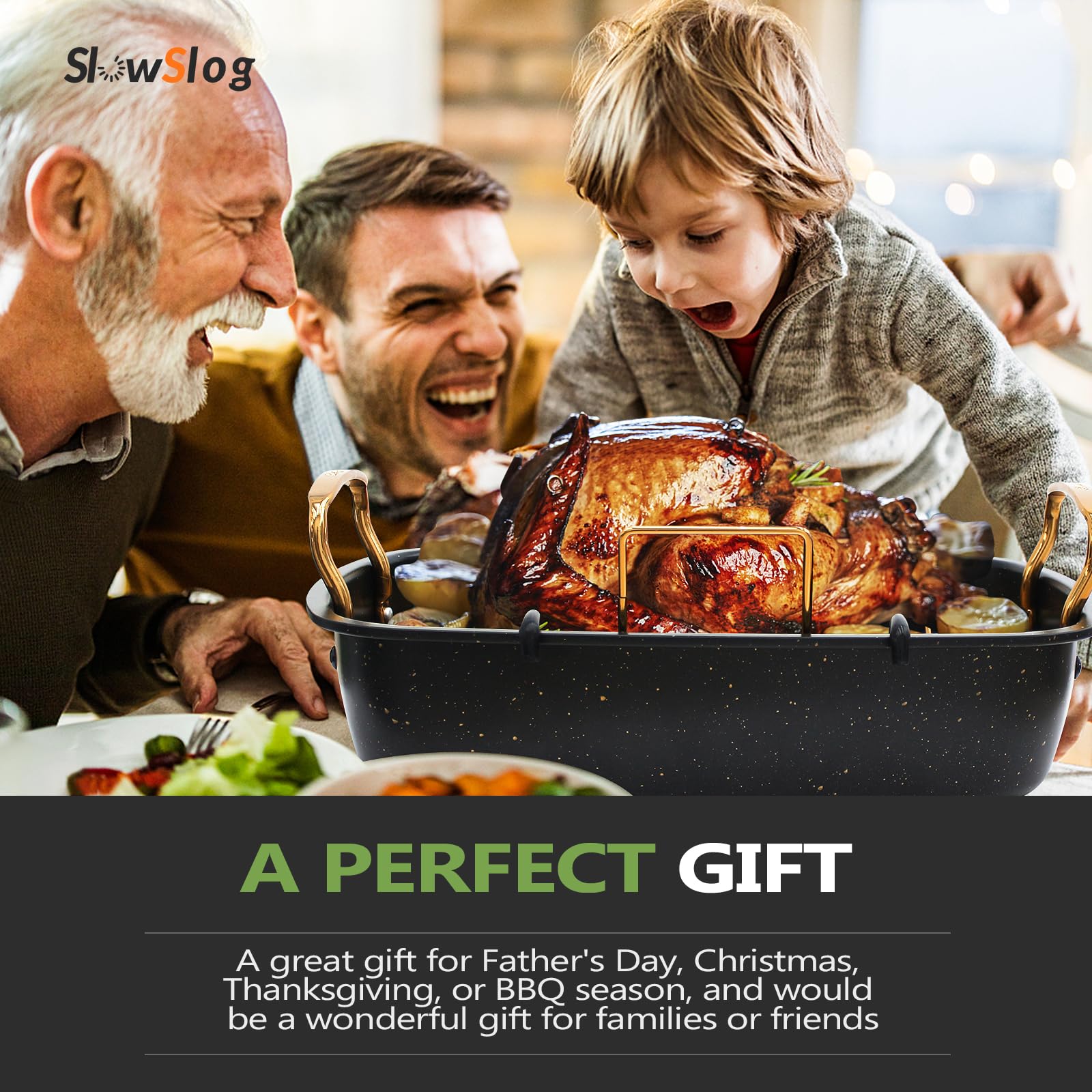 Slow Slog Roasting Pan, 17 Inch x 13 Inch Roaster with Removable Rack, Nonstick Roaster Pan for Roasting Turkey, Meat & Vegetables (Gold)