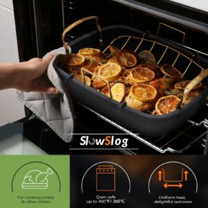 Slow Slog Roasting Pan, 17 Inch x 13 Inch Roaster with Removable Rack, Nonstick Roaster Pan for Roasting Turkey, Meat & Vegetables (Gold)