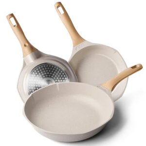 nonstick frying pan set - granite induction pans for cooking omelette non-stick cookware set, healthy kitchen skillet non sticking stone pot and pan set (8", 9.5" & 11") beige