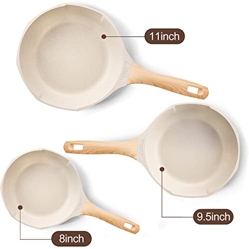 Nonstick Frying Pan Set - Granite Induction Pans for Cooking Omelette Non-Stick Cookware Set, Healthy Kitchen Skillet Non Sticking Stone Pot and Pan Set (8", 9.5" & 11") Beige