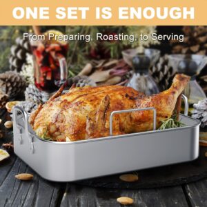 Roasting Pan, EWFEN 17*13 Inch Stainless Steel Turkey Roaster with Rack - Deep Broiling Pan & V-shaped Rack & Flat Rack, Non-toxic & Heavy Duty, Great for Thanksgiving Christmas Roast Chicken Lasagna