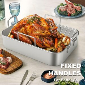 Roasting Pan, EWFEN 17*13 Inch Stainless Steel Turkey Roaster with Rack - Deep Broiling Pan & V-shaped Rack & Flat Rack, Non-toxic & Heavy Duty, Great for Thanksgiving Christmas Roast Chicken Lasagna