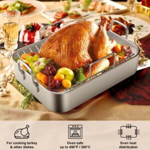 Roasting Pan, EWFEN 17*13 Inch Stainless Steel Turkey Roaster with Rack - Deep Broiling Pan & V-shaped Rack & Flat Rack, Non-toxic & Heavy Duty, Great for Thanksgiving Christmas Roast Chicken Lasagna