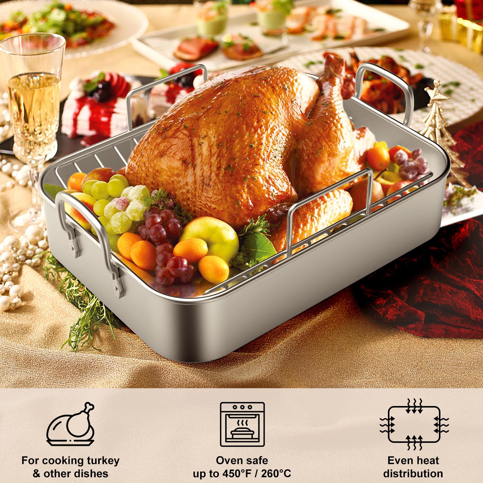 Roasting Pan, EWFEN 17*13 Inch Stainless Steel Turkey Roaster with Rack - Deep Broiling Pan & V-shaped Rack & Flat Rack, Non-toxic & Heavy Duty, Great for Thanksgiving Christmas Roast Chicken Lasagna