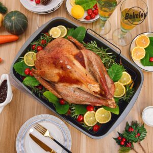 Bakeley Roasting Pan, Nonstick Roaster Pan with Rack, Turkey Roasting Pan with V Rack, 19 Inch x 13 Inch, Black