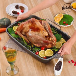 Bakeley Roasting Pan, Nonstick Roaster Pan with Rack, Turkey Roasting Pan with V Rack, 19 Inch x 13 Inch, Black