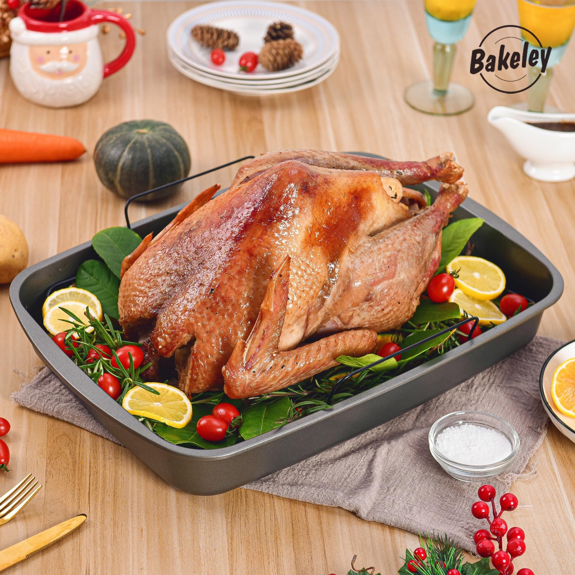 Bakeley Roasting Pan, Nonstick Roaster Pan with Rack, Turkey Roasting Pan with V Rack, 19 Inch x 13 Inch, Black