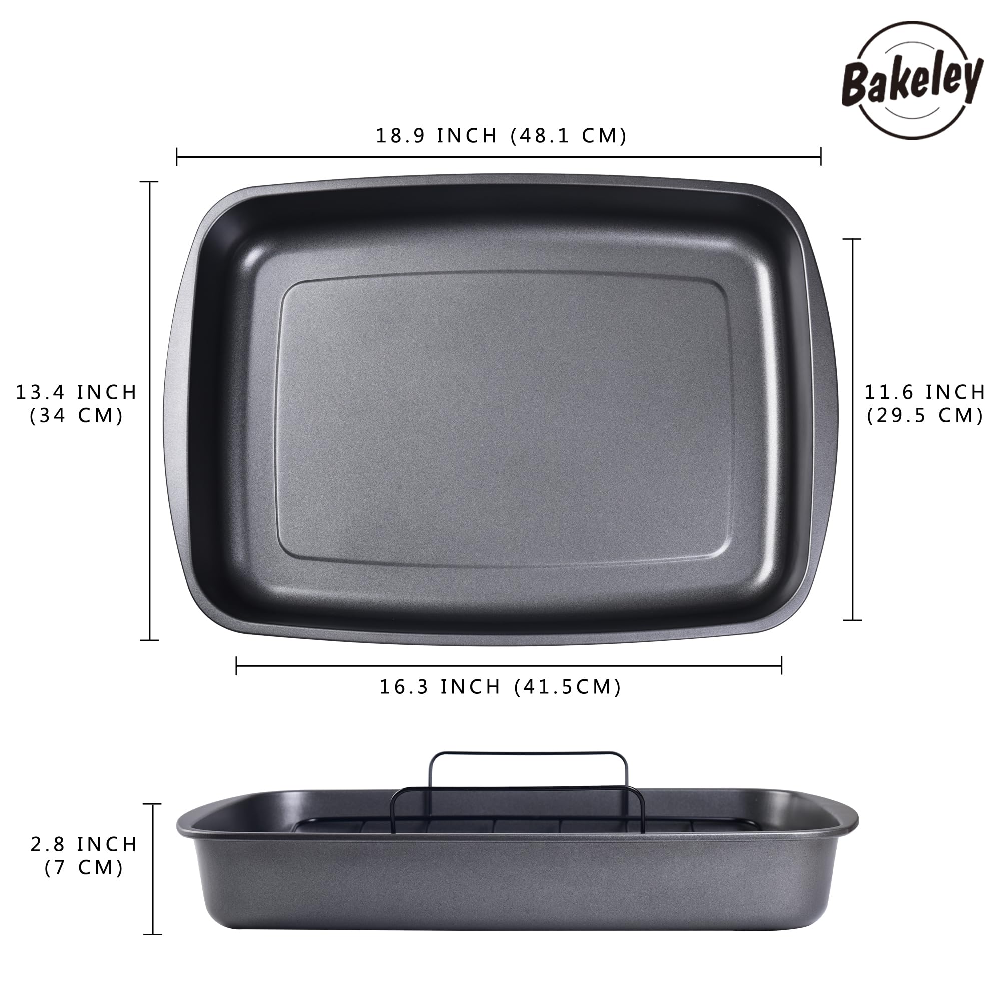 Bakeley Roasting Pan, Nonstick Roaster Pan with Rack, Turkey Roasting Pan with V Rack, 19 Inch x 13 Inch, Black