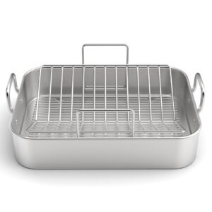 stainless steel roasting pan, 17*13 inch turkey roaster with rack - deep broiling pan & v-shaped rack & flat rack, non-toxic & heavy duty, great for thanksgiving christmas roast chicken meat lasagna