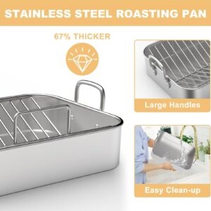 Stainless Steel Roasting Pan, 17*13 Inch Turkey Roaster with Rack - Deep Broiling Pan & V-shaped Rack & Flat Rack, Non-toxic & Heavy Duty, Great for Thanksgiving Christmas Roast Chicken Meat Lasagna