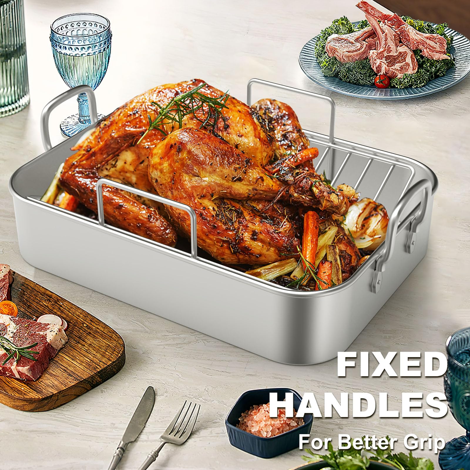 Stainless Steel Roasting Pan, 17*13 Inch Turkey Roaster with Rack - Deep Broiling Pan & V-shaped Rack & Flat Rack, Non-toxic & Heavy Duty, Great for Thanksgiving Christmas Roast Chicken Meat Lasagna