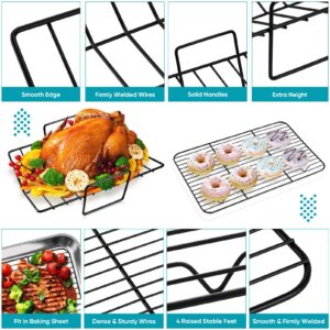 TeamFar Roasting Pan, 15’’ Nonstick Deep Lasagna Brownie Turkey Pan with V-Shaped Rack & Cooling Rack, with Stainless Steel Core & Nonstick Coating, Healthy & Sturdy Handles, Easy to Clean, Set of 3