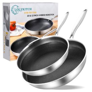 LOLYKITCH 10-12 Inch Hybrid Tri-Ply Stainless Steel Nonstick Chef's Frying Pan Set,Skillets,Induction Pan,Anti-Scratch Oven & Dishwasher Safe.