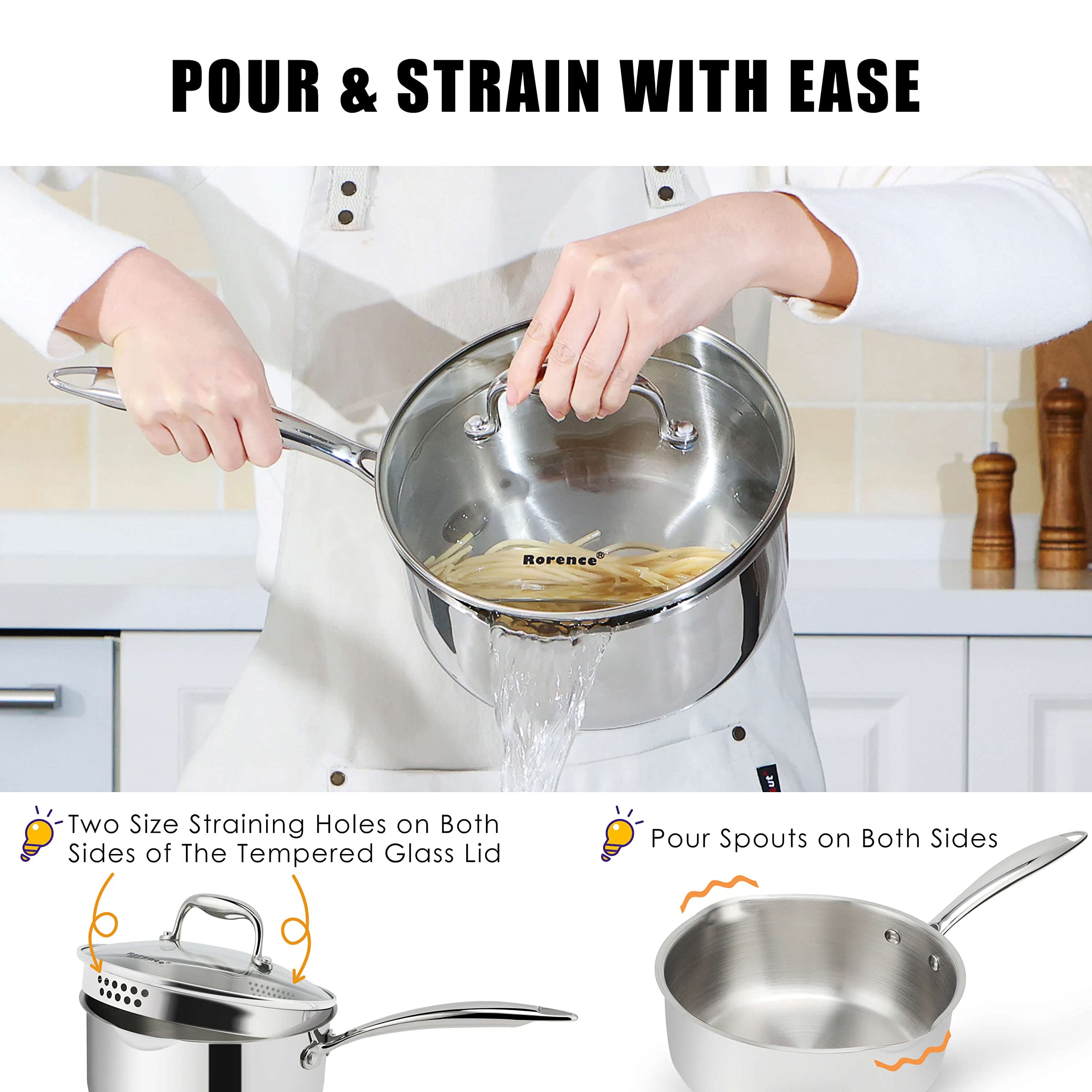 Rorence 3-Quart Saucepan with Lid: Pour and Strain Stainless Steel Sauce Pan with Pour Spouts, Capsule Bottom & Tempered Glass Lid