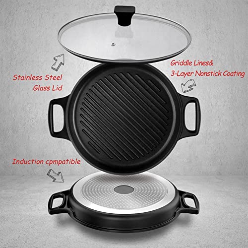 S·KITCHN Cast Aluminum Griddle Pan for Stovetop with Lid - Lighter than Cast Iron Skillet,Round Frying Pans Nonstick Grill Pan Dishwasher & Oven Safe,12IN