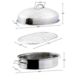 OVENTE Oval Stainless Steel Roasting Pan, 16” Oven Roaster and Baking Tray with Lid & Flat Rack, Nonstick Bakeware Dish Ideal for Cooking Turkey, Roasted Chicken, Beef or Veggies, Silver CWR32161S