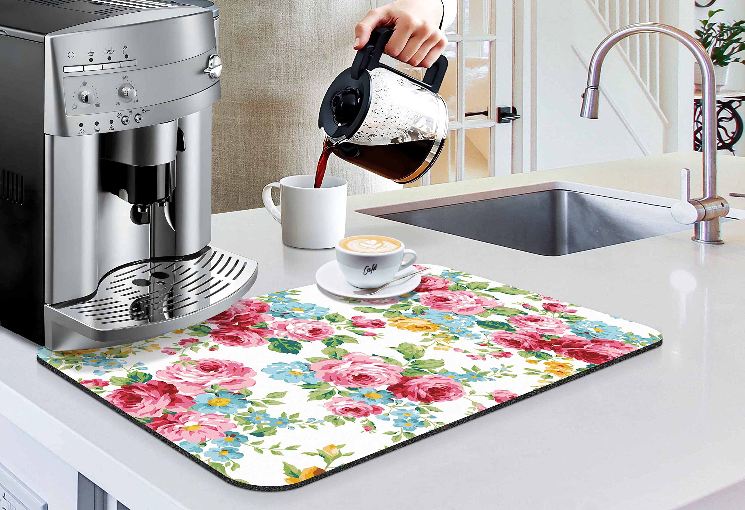 Coffee Bar Mat Accessories for Countertop Pioneer Flower Absorbent Hide Stain Rubber Backed Dish Drying Mats for Kitchen Counter Draining Pad Decor Gift Fit Under Coffee Maker (20x12in)