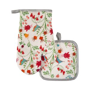 Kitchen Oven Mitts and Pot Holders Sets,The Pioneer Woman Flower Bird Print Oven Gloves and Potholders,Heat-Resistant Oven Gloves and Hot Pads,Pioneer Woman Kitchen Accessories,Gifts for Women