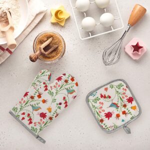 Kitchen Oven Mitts and Pot Holders Sets,The Pioneer Woman Flower Bird Print Oven Gloves and Potholders,Heat-Resistant Oven Gloves and Hot Pads,Pioneer Woman Kitchen Accessories,Gifts for Women