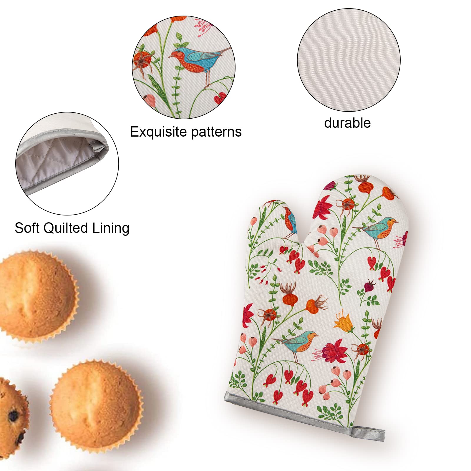 Kitchen Oven Mitts and Pot Holders Sets,The Pioneer Woman Flower Bird Print Oven Gloves and Potholders,Heat-Resistant Oven Gloves and Hot Pads,Pioneer Woman Kitchen Accessories,Gifts for Women