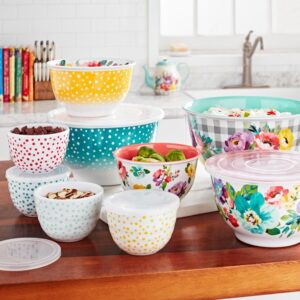 the pioneer woman melamine mixing bowls set with lids 18-pieces with 1 spoon rest & 1 stainless steel silicone kitchen tongs aqua (total 20 pieces) gift for valentine's day, birthdays and mother's day