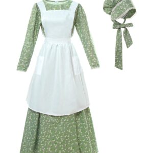 ROLECOS Pioneer Prairie Costume Womens Colonial Pilgrim Costume Amish Dress Pioneer Trek Dresses 3 Pcs Green L