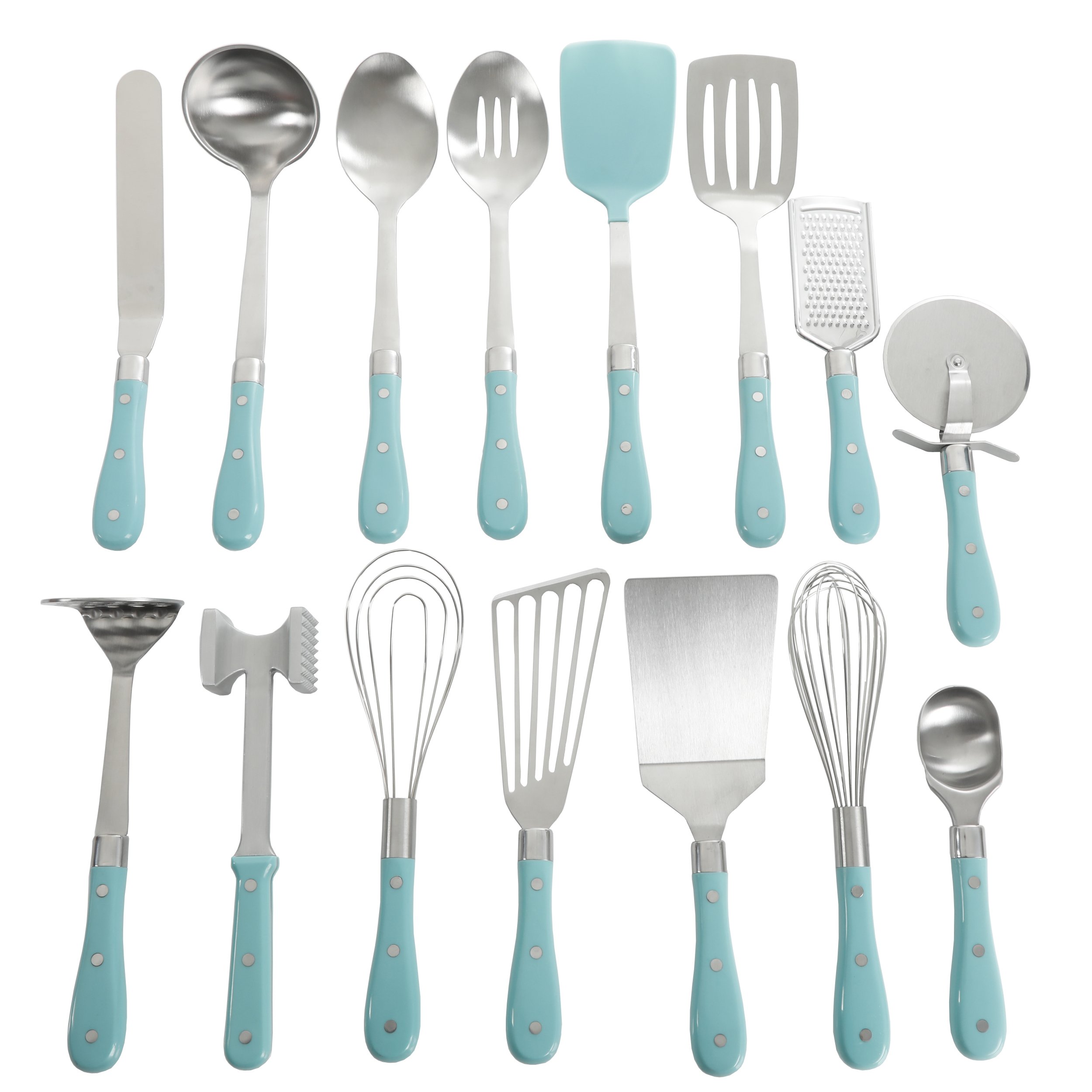 Pioneer Woman Frontier Teal Blue 15 Pc Set Kitchen Tool Stainless Steel Spoon Whisk Spatula Set