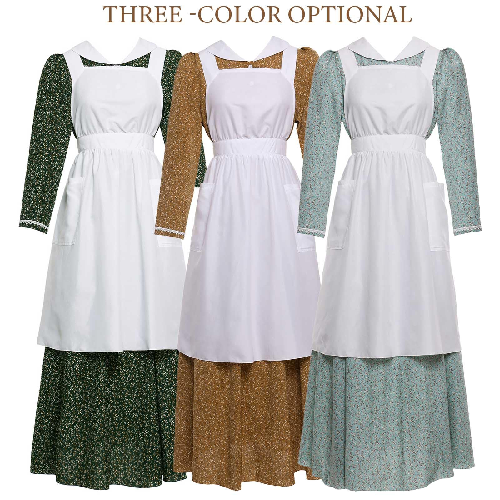 Vibsion Women Pioneer Colonial Dress Floral Prairie Dresses Pilgrim Costume Pioneer Trek Clothing Historical Dress 3Pcs