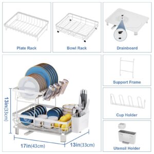 MOUKABAL White Dish Drying Rack- Durable Large Dish Racks for Kitchen Counter, Dish Drainer with Drainboard,Kitchen Organization and Storage for pioneer woman kitchen accessories (2 Tier