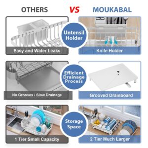 MOUKABAL White Dish Drying Rack- Durable Large Dish Racks for Kitchen Counter, Dish Drainer with Drainboard,Kitchen Organization and Storage for pioneer woman kitchen accessories (2 Tier