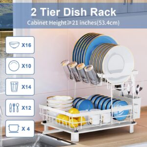 MOUKABAL White Dish Drying Rack- Durable Large Dish Racks for Kitchen Counter, Dish Drainer with Drainboard,Kitchen Organization and Storage for pioneer woman kitchen accessories (2 Tier