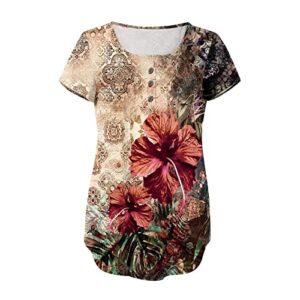 Womens Tunic Tops 2022 Summer Fall Casual Dressy Short Sleeve T Shirts Floral Cute Tees Loose Fit Trendy Blouses for Leggings, Green-03