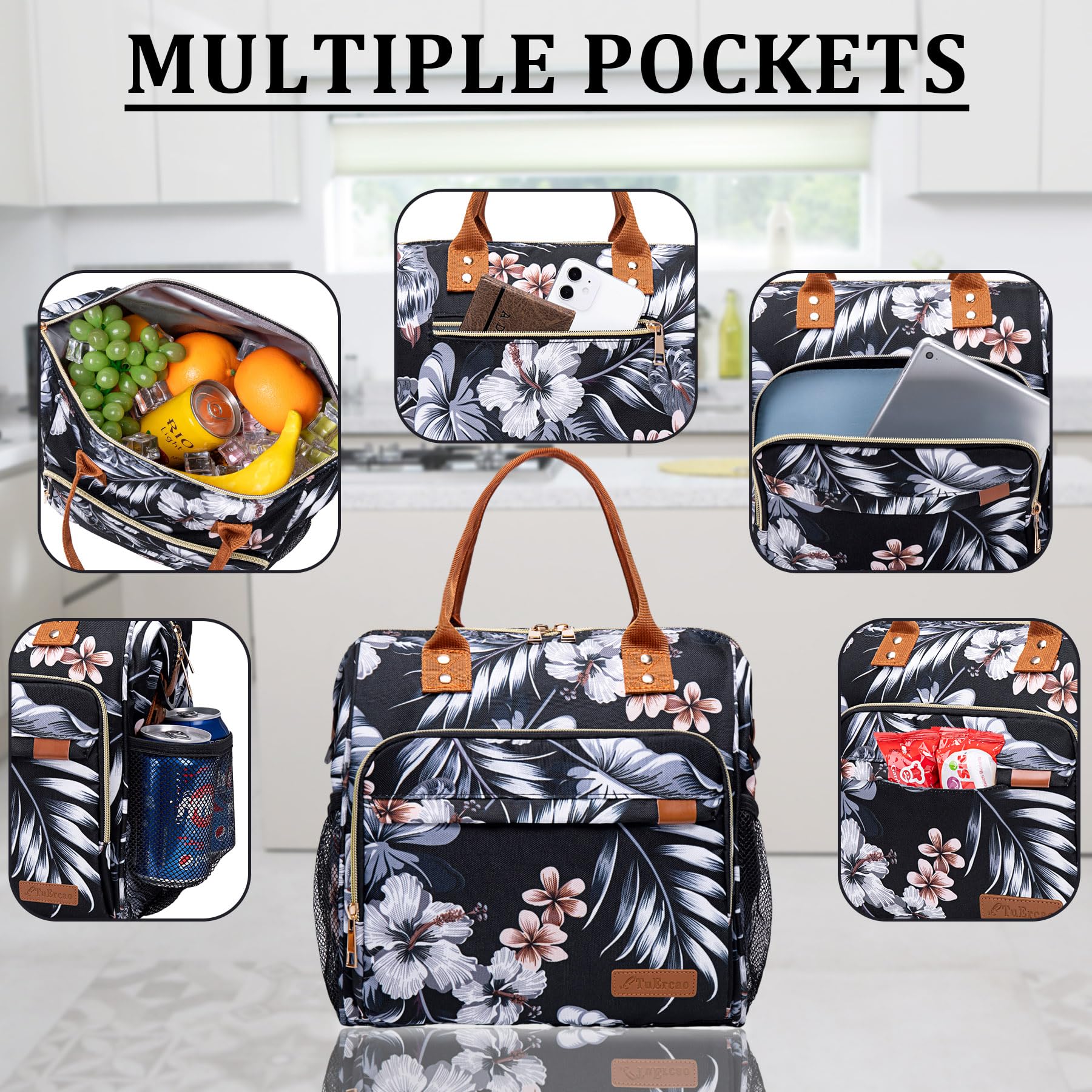 TuErCao Lunch Box for Women - Adult Insulated Lunch Bag Ladies Lunch Tote Bag for Work Loncheras para Mujer de Trabajo, Floral