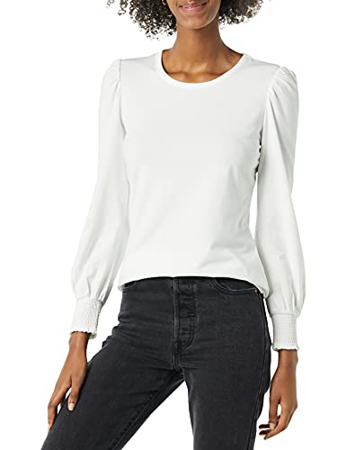 Amazon Essentials Women's Long-Sleeve Crewneck Smocked Cuff T-Shirt, White, Large