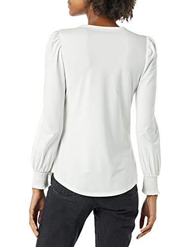 Amazon Essentials Women's Long-Sleeve Crewneck Smocked Cuff T-Shirt, White, Large