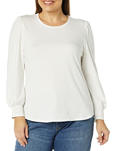 Amazon Essentials Women's Long-Sleeve Crewneck Smocked Cuff T-Shirt, White, Large