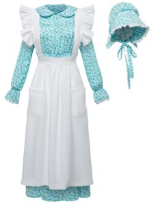 fortmac pioneer dress women-prairie dress women 1800s amish colonial dress women bonnet apron blue s