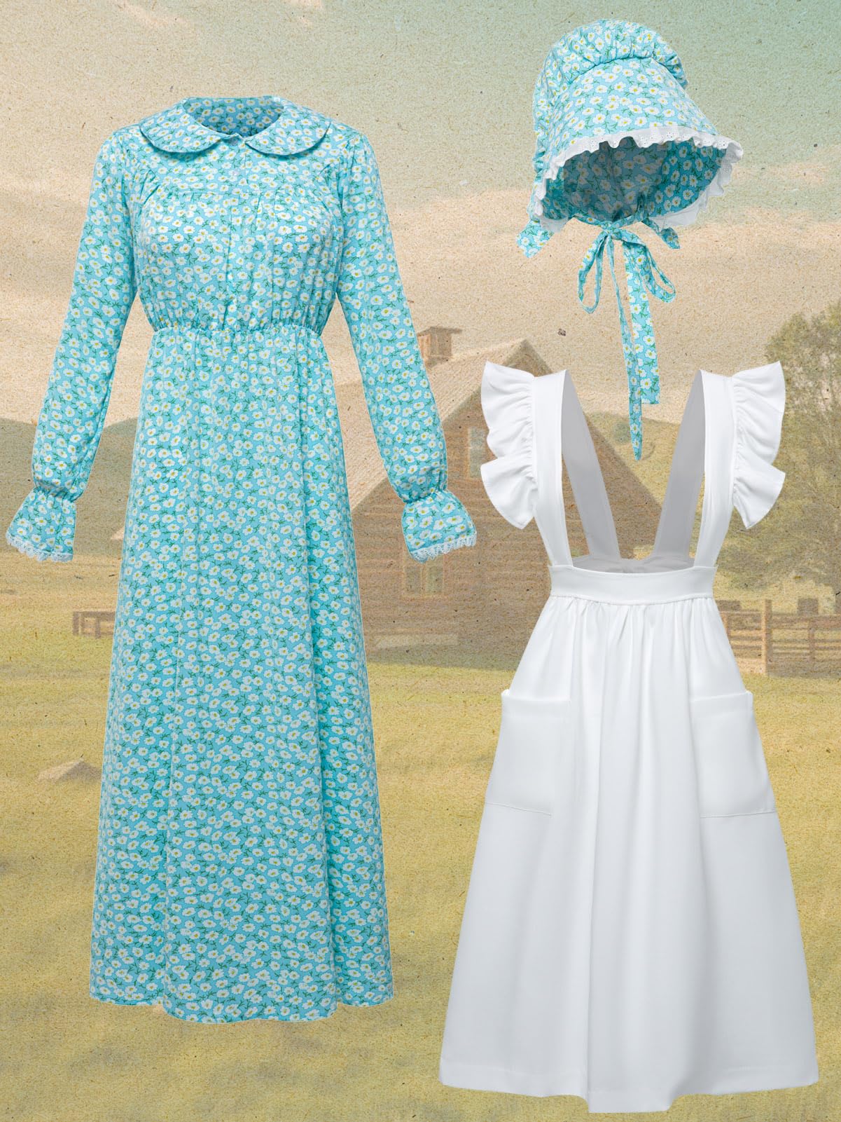 FORTMAC Pioneer Dress Women-Prairie Dress Women 1800s Amish Colonial Dress Women Bonnet Apron Blue S