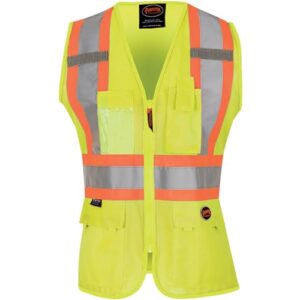 pioneer safety vest for women with pockets - hi-vis reflective tape - for construction - yellow/green