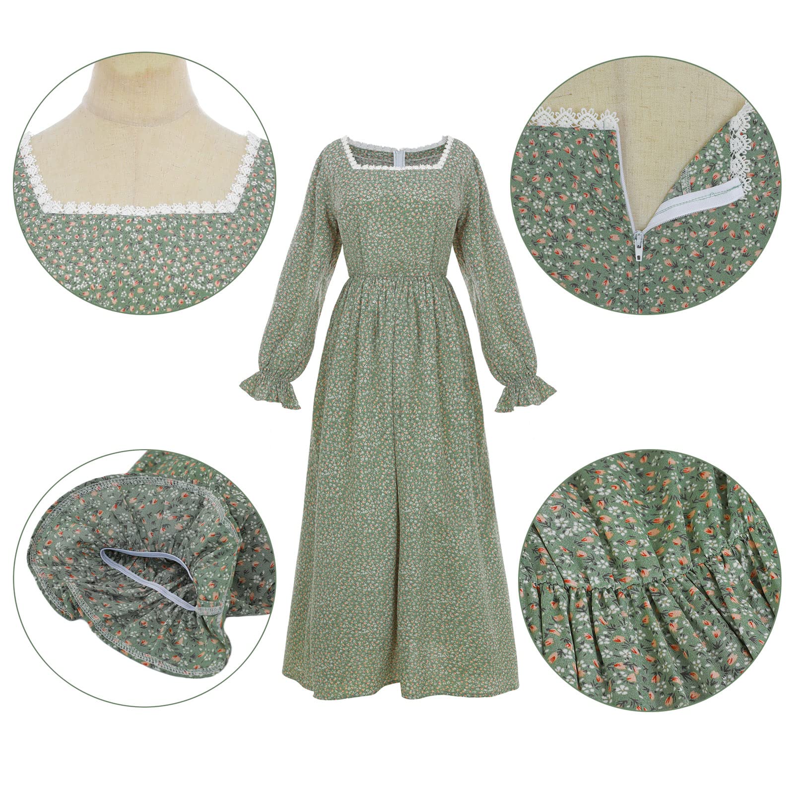 CR ROLECOS Colonial Pioneer Prairie Dress Women Floral Amish Dresses Pilgrim Costume Pioneer Trek Clothing Green S