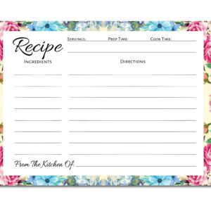 Pioneer Woman Style Floral Recipe Cards (100 Pcs) Flower Recipe Cards, Floral Index Cards, Blank Back Recipe Notecards, Perfect for Bridal Shower (100, 4.25" x 5.5")