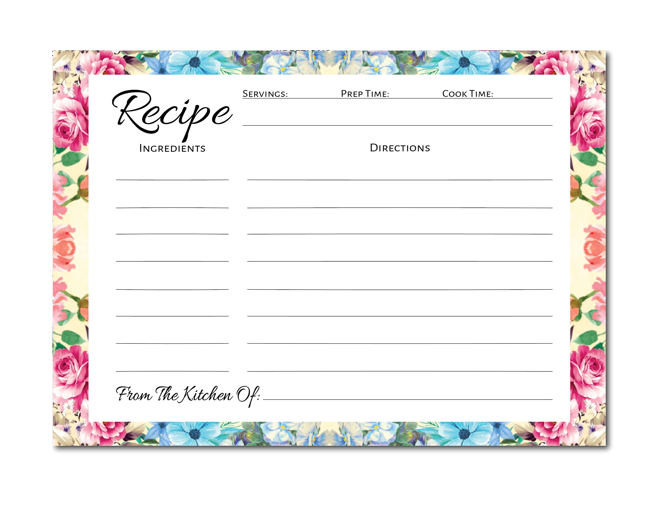 Pioneer Woman Style Floral Recipe Cards (100 Pcs) Flower Recipe Cards, Floral Index Cards, Blank Back Recipe Notecards, Perfect for Bridal Shower (100, 4.25" x 5.5")