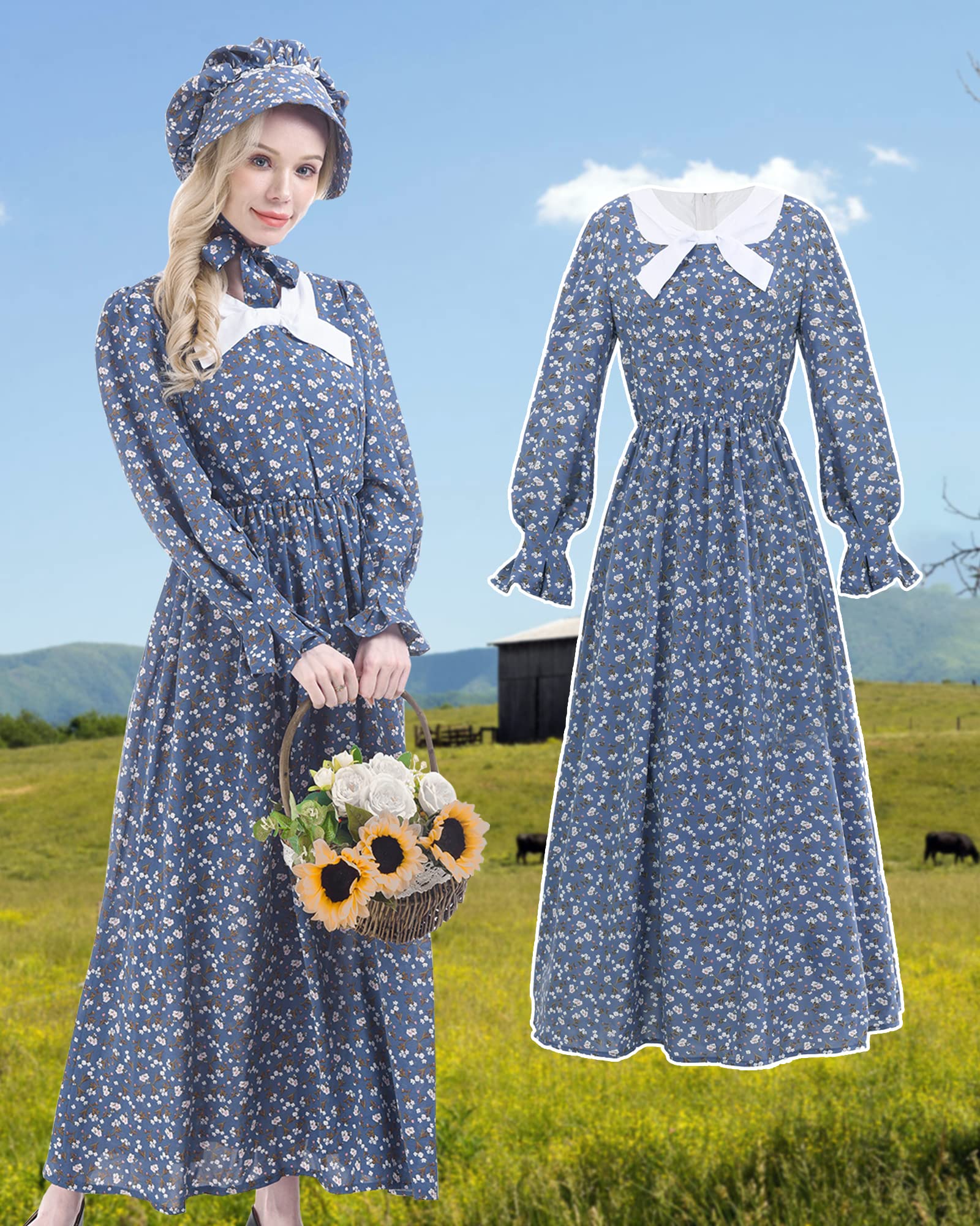 NSPSTT Women's Colonial 1800s Prairie Pioneer Costumes Dress, Blue, Large