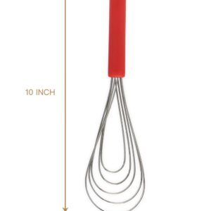 Flat Whisk Silicone Handle Non Slip 10" - 5 Wires Whisk with 10 Heads for Kitchen Cooking Color Red by Jell-Cell